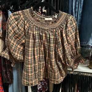 Doen Plaid Smocked Women's Top - Brown and Green